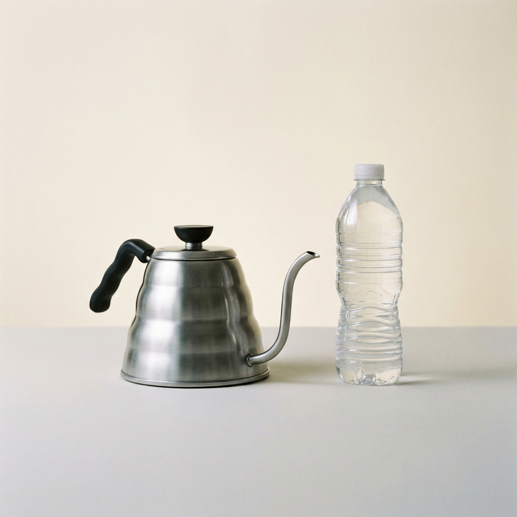 A kettle beside a reusable bottle on the counter