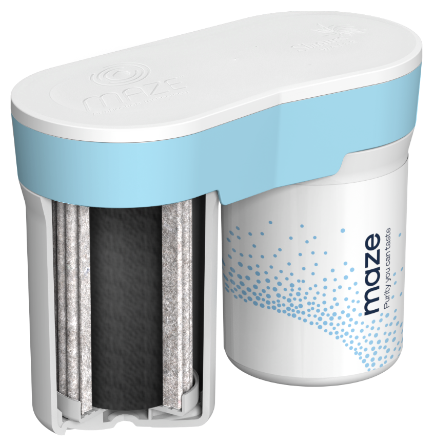 Cutaway of the MAZE dual-cartridge filter showing the activated carbon core
